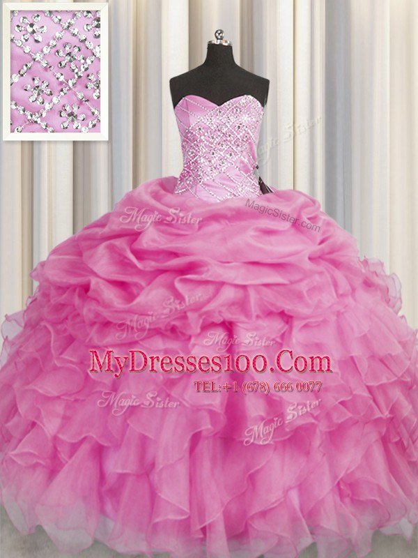 Exceptional Rose Pink Sleeveless Organza Lace Up 15 Quinceanera Dress for Military Ball and Sweet 16 and Quinceanera