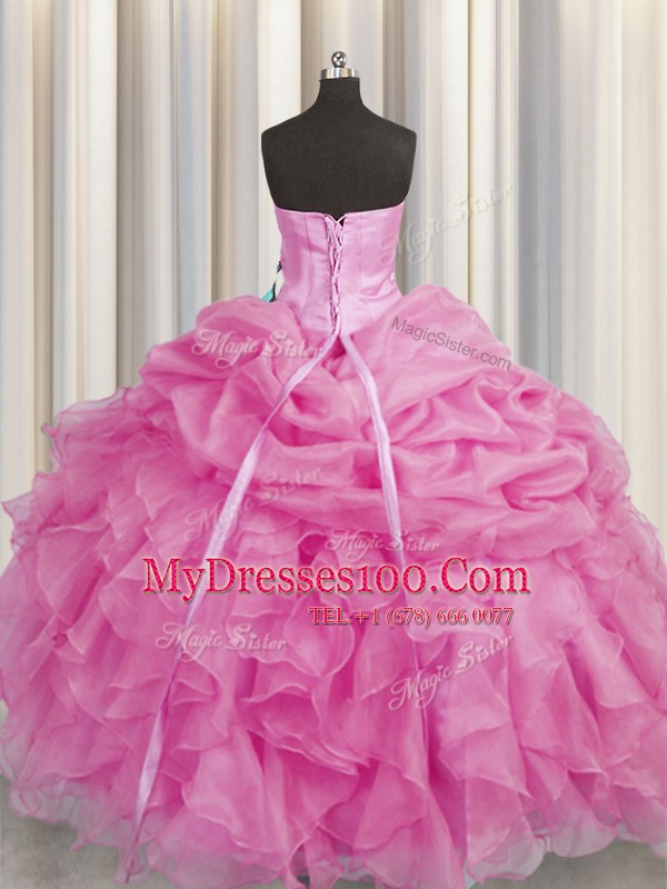 Exceptional Rose Pink Sleeveless Organza Lace Up 15 Quinceanera Dress for Military Ball and Sweet 16 and Quinceanera