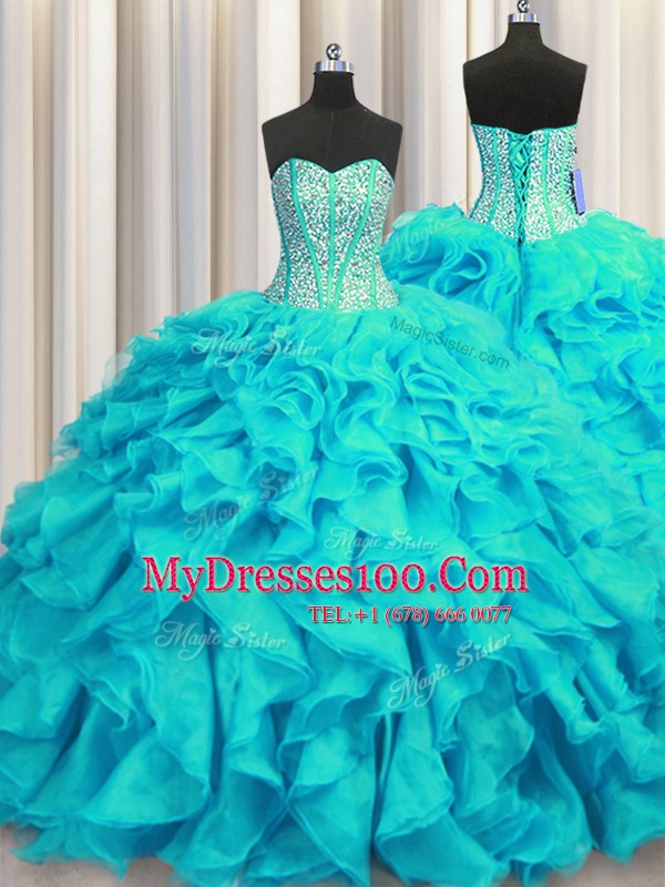 Shining Visible Boning Lace Up 15th Birthday Dress Aqua Blue for Military Ball and Sweet 16 and Quinceanera with Beading and Ruffles Brush Train