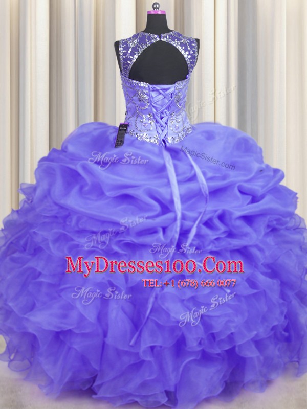 Top Selling See Through Floor Length Lavender Sweet 16 Dress Organza Sleeveless Beading and Ruffles and Pick Ups