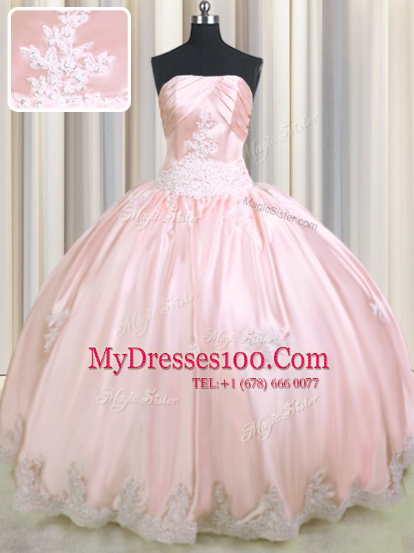 Taffeta Strapless Sleeveless Lace Up Beading and Appliques Quince Ball Gowns in Baby Pink