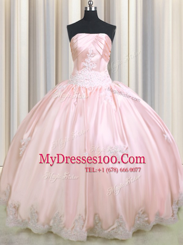 Taffeta Strapless Sleeveless Lace Up Beading and Appliques Quince Ball Gowns in Baby Pink