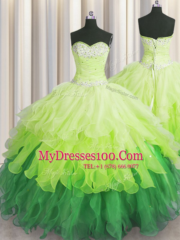 Low Price Organza Sleeveless Floor Length Ball Gown Prom Dress and Beading and Ruffles and Ruffled Layers and Sequins