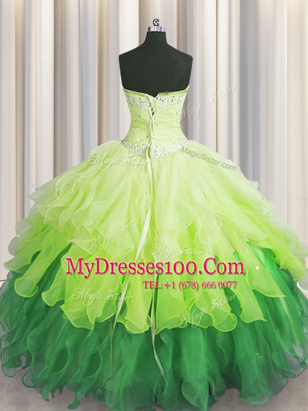 Low Price Organza Sleeveless Floor Length Ball Gown Prom Dress and Beading and Ruffles and Ruffled Layers and Sequins