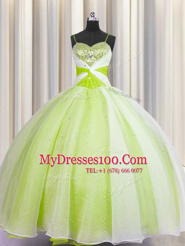 Glorious Floor Length Yellow Green Quinceanera Gowns Spaghetti Straps Sleeveless Lace Up