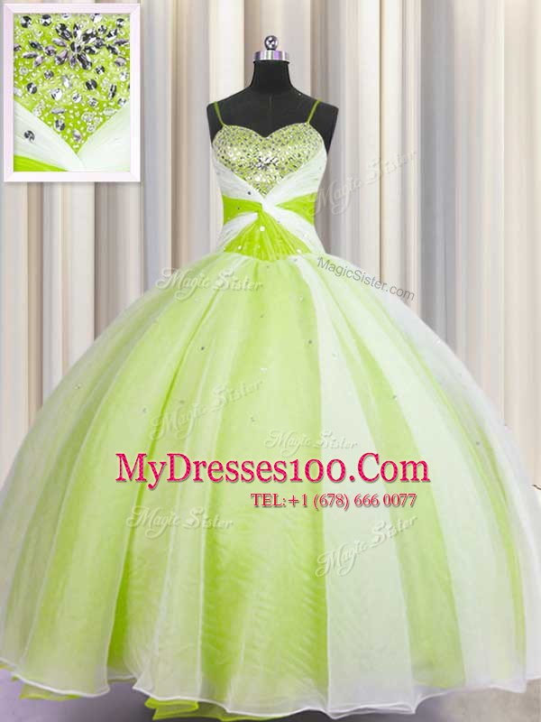 Glorious Floor Length Yellow Green Quinceanera Gowns Spaghetti Straps Sleeveless Lace Up