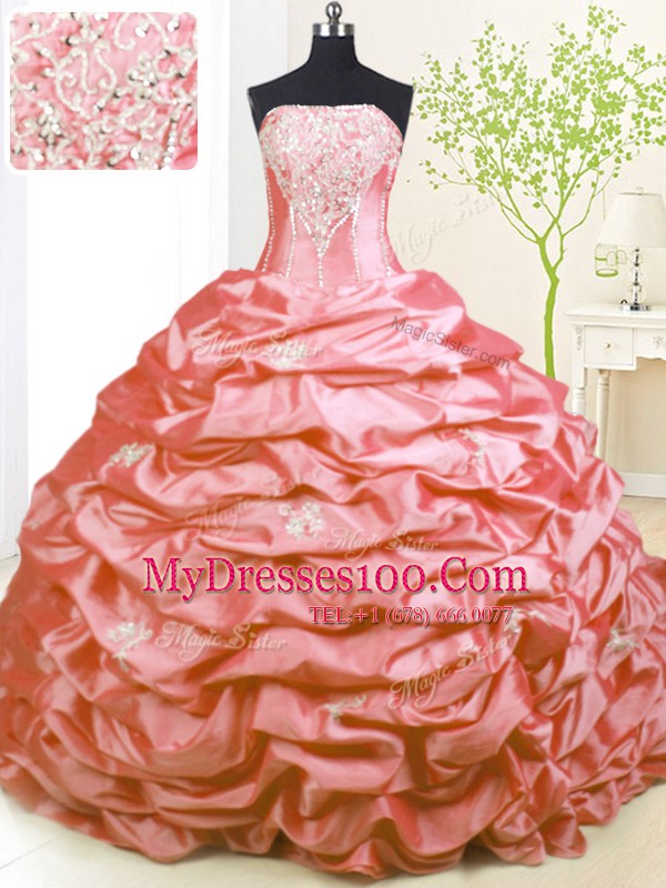 Pick Ups With Train Pink Quinceanera Dresses Strapless Sleeveless Sweep Train Lace Up