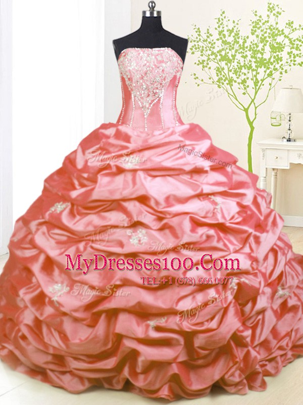 Pick Ups With Train Pink Quinceanera Dresses Strapless Sleeveless Sweep Train Lace Up