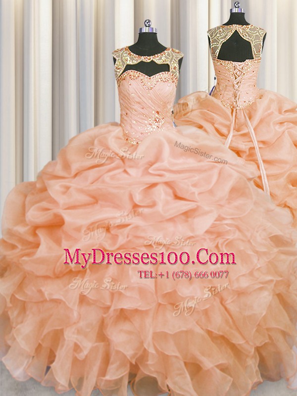 Glittering Pick Ups Scoop Sleeveless Lace Up Sweet 16 Dress Peach Organza