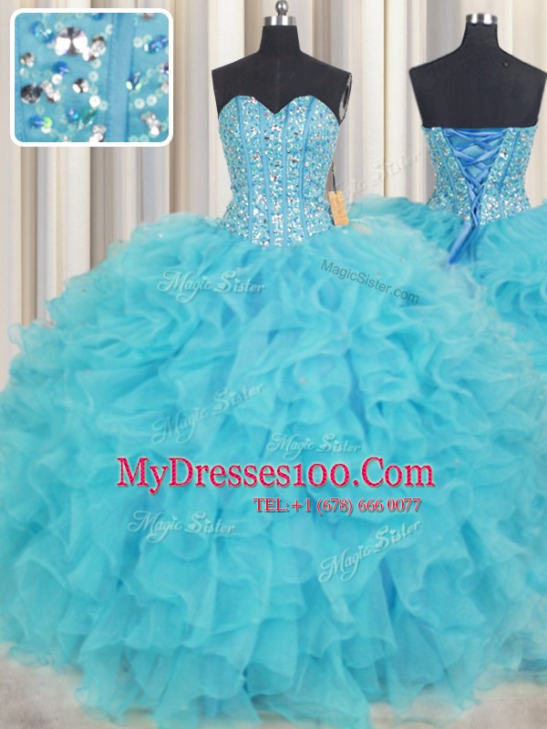 Ideal Visible Boning Sweetheart Sleeveless 15 Quinceanera Dress Floor Length Beading and Ruffles Baby Blue Organza