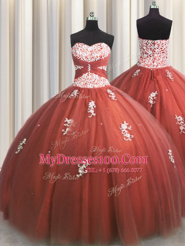 Hot Sale Rust Red Tulle Lace Up Quinceanera Dress Sleeveless Floor Length Beading and Appliques