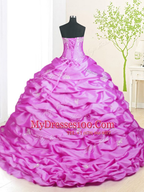 Colorful Pick Ups With Train Ball Gowns Sleeveless Lilac Sweet 16 Dress Sweep Train Lace Up