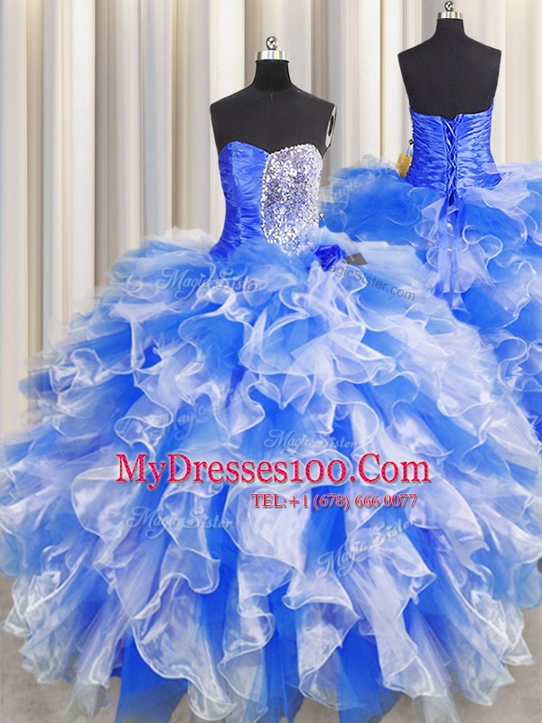 New Style Floor Length Ball Gowns Sleeveless Blue And White Sweet 16 Dress Lace Up