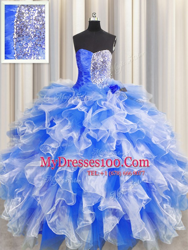 New Style Floor Length Ball Gowns Sleeveless Blue And White Sweet 16 Dress Lace Up