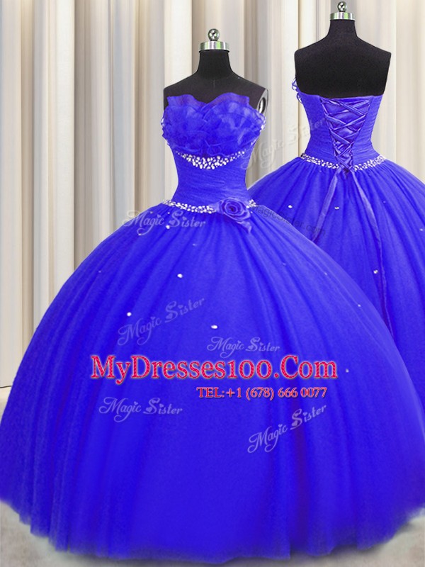 Chic Handcrafted Flower Royal Blue Tulle Lace Up 15 Quinceanera Dress Sleeveless Floor Length Beading and Ruching and Hand Made Flower