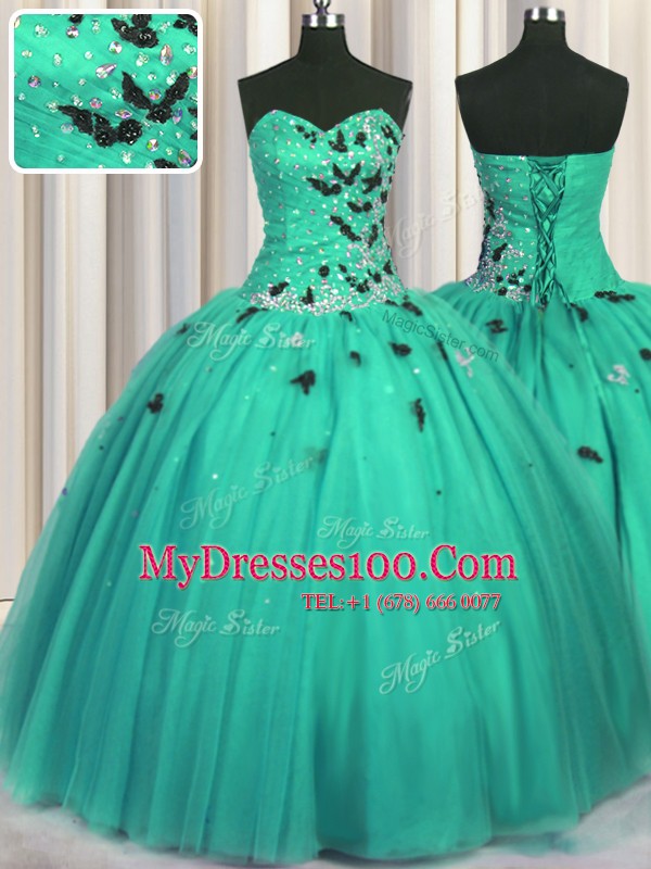 Perfect Turquoise Ball Gowns Sweetheart Sleeveless Tulle Floor Length Lace Up Beading and Appliques Quince Ball Gowns