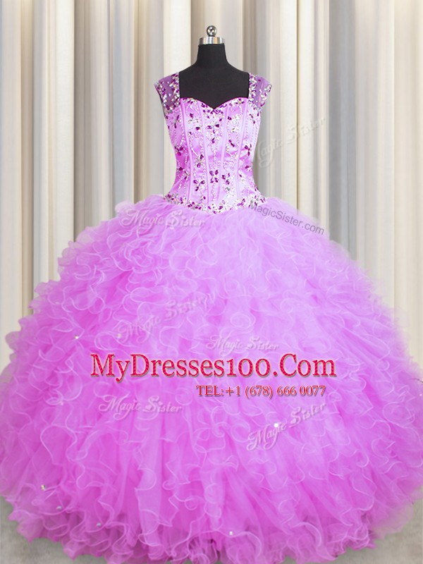 Dazzling See Through Zipper Up Floor Length Ball Gowns Sleeveless Lilac 15th Birthday Dress Zipper