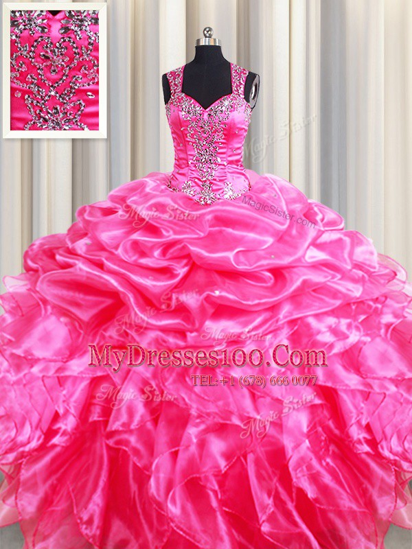 Straps Hot Pink Zipper Quinceanera Gowns Beading and Ruffles and Pick Ups Sleeveless Floor Length