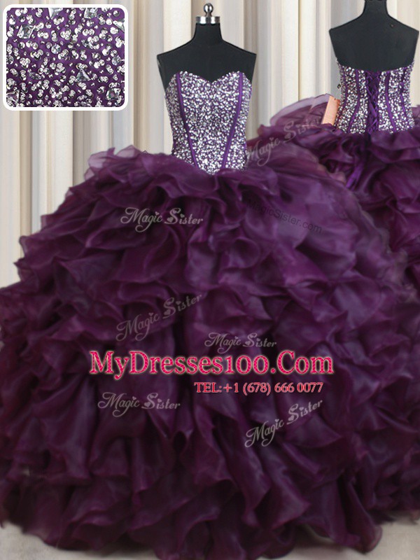 Fancy Dark Purple Lace Up 15 Quinceanera Dress Beading and Ruffles Sleeveless Floor Length