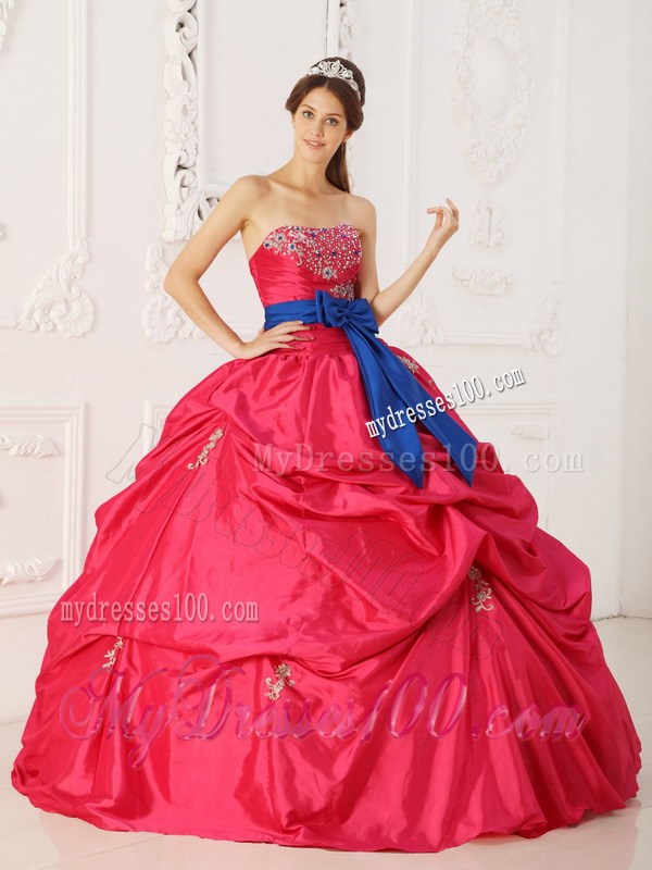 Beaded Ruching Pick-ups and Appliques Sweet 16 Dresses with Blue Bowknot