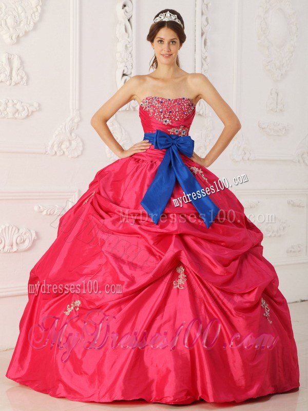 Beaded Ruching Pick-ups and Appliques Sweet 16 Dresses with Blue Bowknot