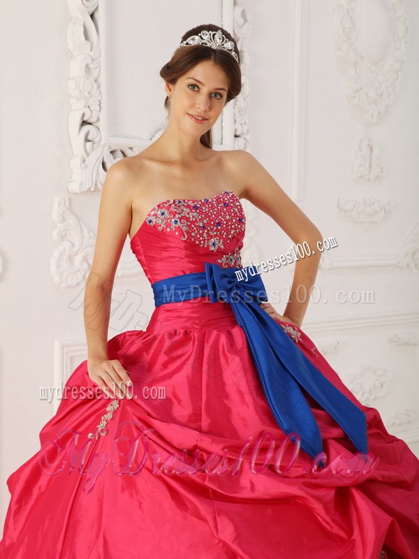 Beaded Ruching Pick-ups and Appliques Sweet 16 Dresses with Blue Bowknot