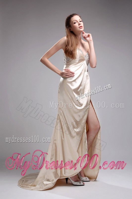 2013 Champagne Sweetheart Beading and High Silt Evening Dress