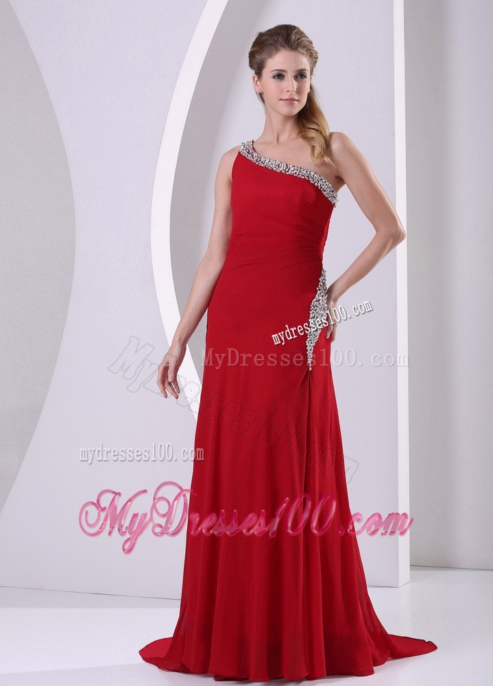 Wine Red High Slit Beaded Decorate One Shoulder Evening Dress