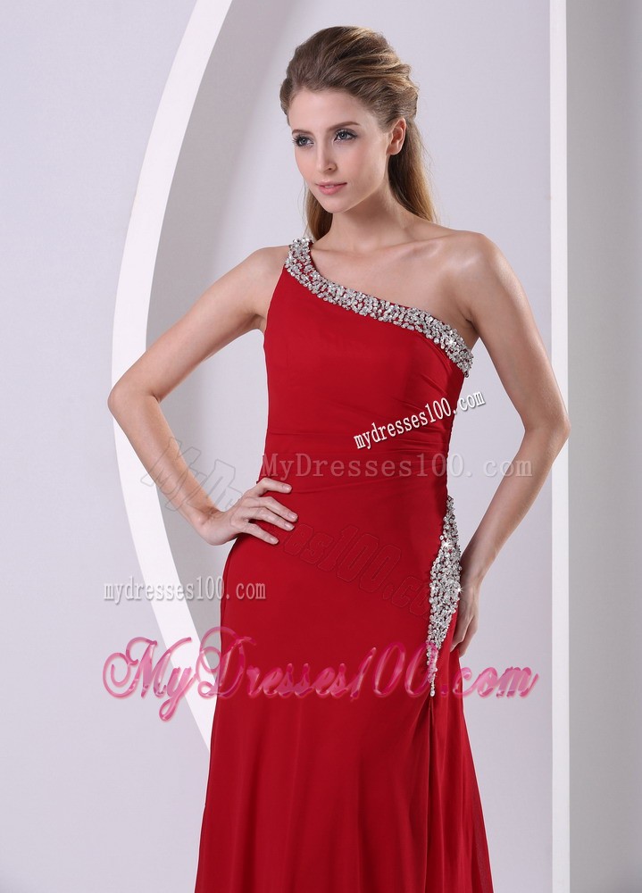 Wine Red High Slit Beaded Decorate One Shoulder Evening Dress