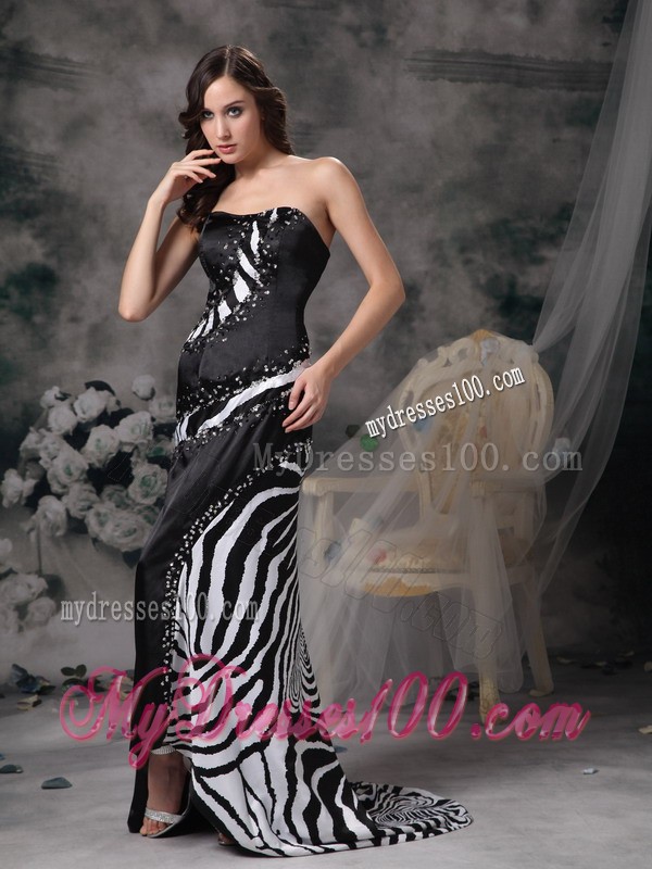 Luxurious Black Column Strapless Zebra Beading Evening Dress