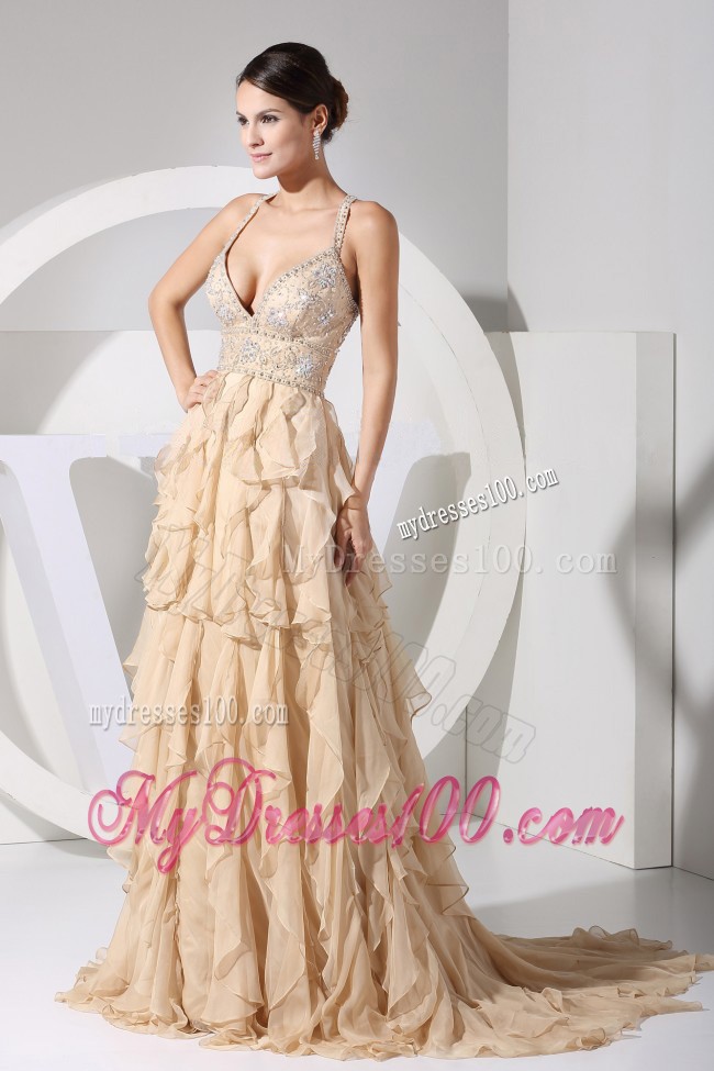 Embroidery and Ruffles Decorate Bodice Brush Train Champagne Straps 2013 Prom Dress