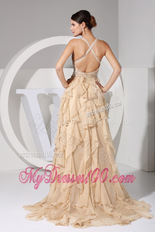 Embroidery and Ruffles Decorate Bodice Brush Train Champagne Straps 2013 Prom Dress