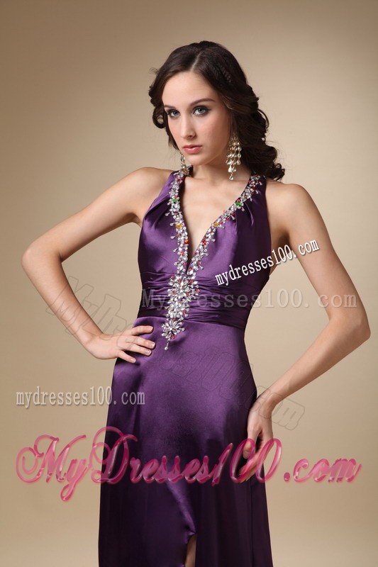 Eggplant Purple Column V-neck Brush Train Beading Evening Dress