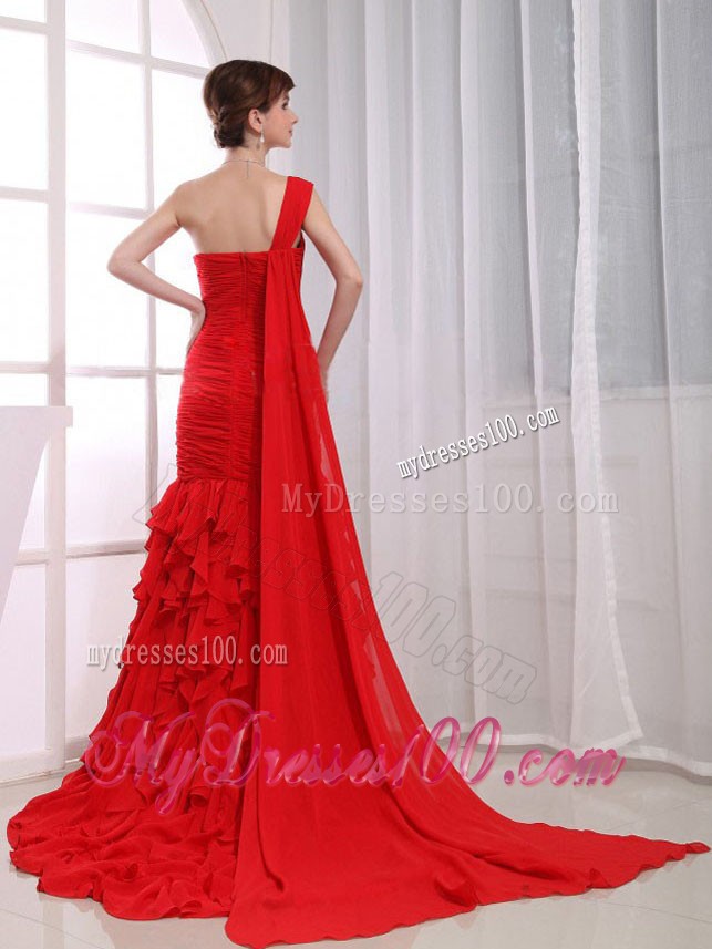 Mermaid Ruffles Watteau Train Red One Shoulder Evening Dress