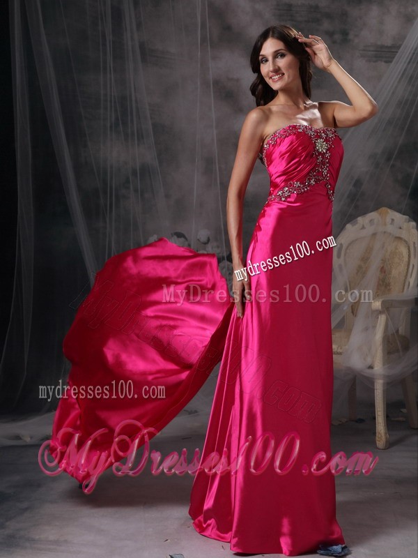 Hot Pink Sweetheart Beading and Ruche Brush Train Evening Dress