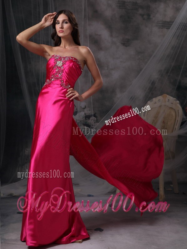 Hot Pink Sweetheart Beading and Ruche Brush Train Evening Dress