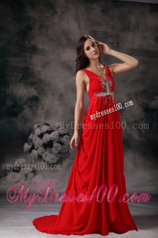 Pretty Red Beading V-neck 2013 Evening Dress with Brush Train