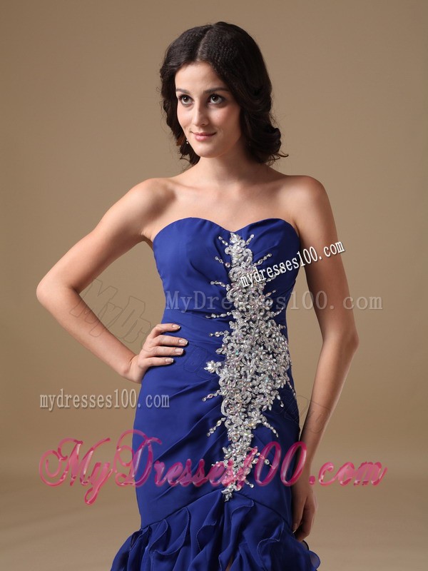 Blue Mermaid Sweetheart Brush Train Beading Prom Evening Dress