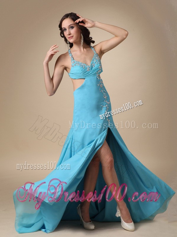 Aqua Blue Column Spaghetti Straps Brush Train Beading Prom Dress