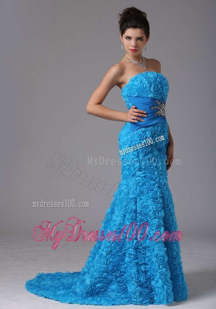 Fabric with Rolling Flower Blue Brush Train Beading Evening Dress