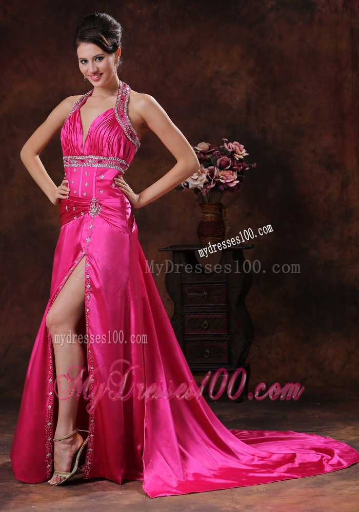 Hot Pink Halter Top Court Train Prom Dress with Rhinestones and High Slit