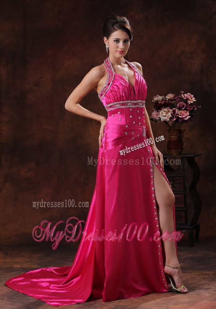 Hot Pink Halter Top Court Train Prom Dress with Rhinestones and High Slit