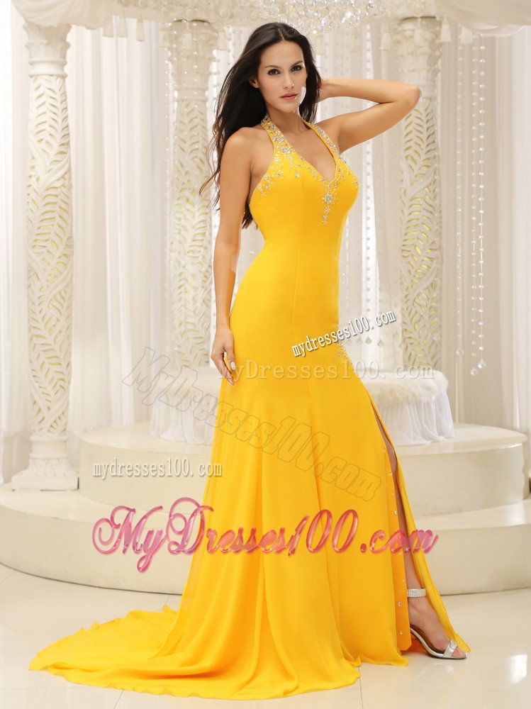 High Slit Halter Top Brush Train Beaded Prom Evening Dress with Straps in Yellow