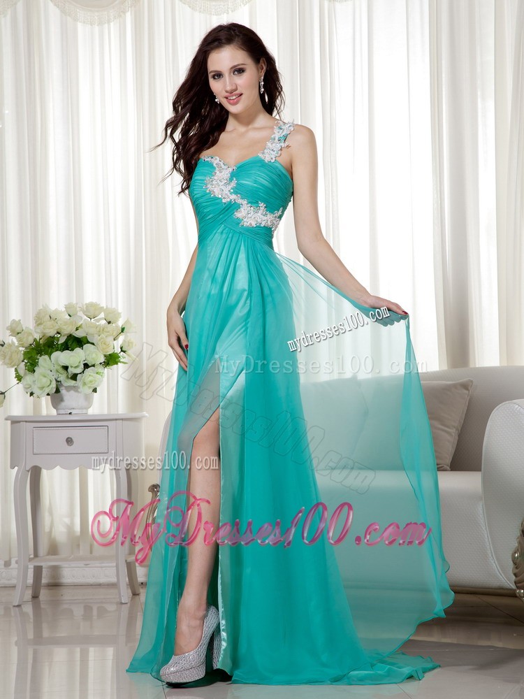 Turquoise One Shoulder Appliques Decorate Brush Train High Slit Prom Gown