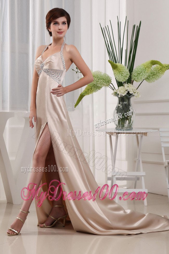 Halter Top Beading Decorate Court Train Prom Dress with High Slit in Ivory