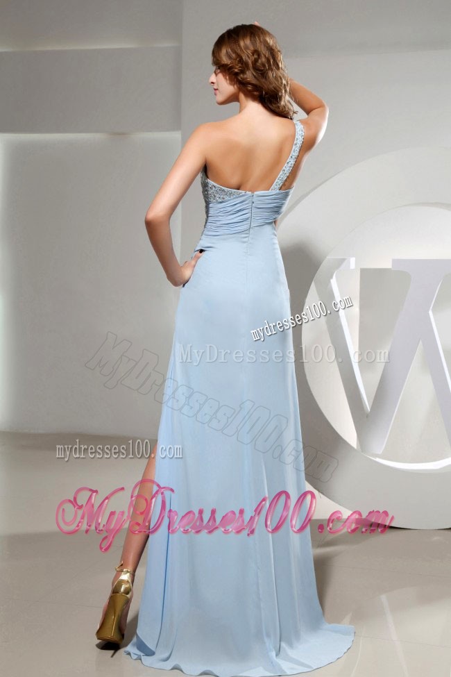 Light Blue One Shoulder and High Slit Sale Prom Dresses With Beading