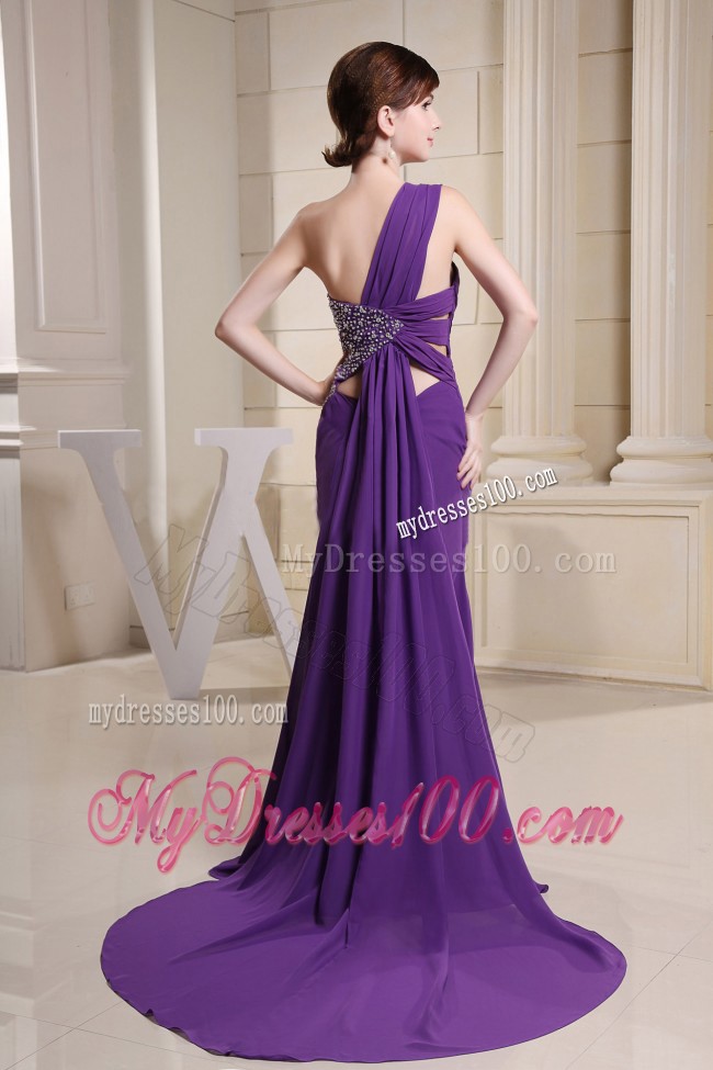 One Shoulder Brush Train Prom Dresses with Beadings and Waist