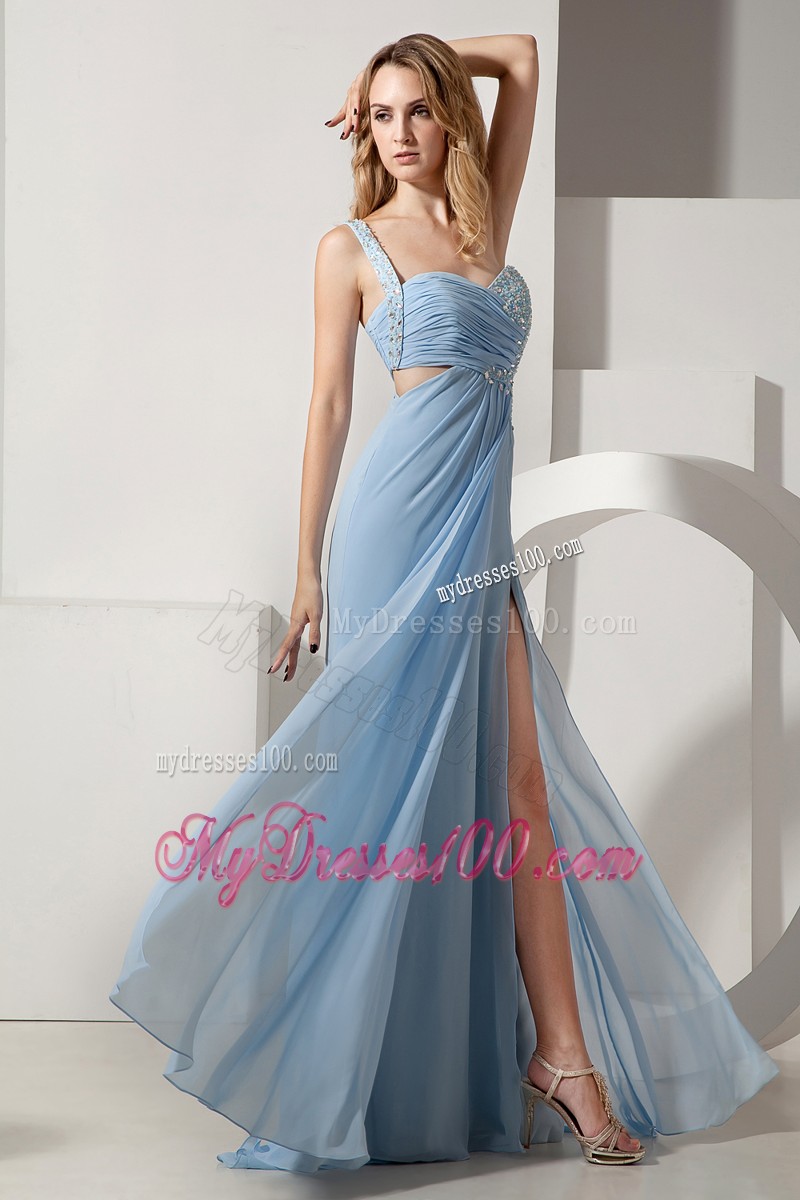 One Shoulder Beaded High Slit Prom Evening Dresses Light Blue Floor Length