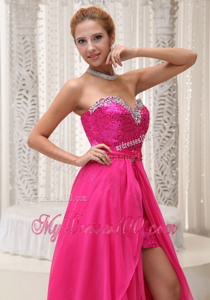 Hot Pink Detachable Beaded Sweetheart Prom Gown Dresses with High Slit