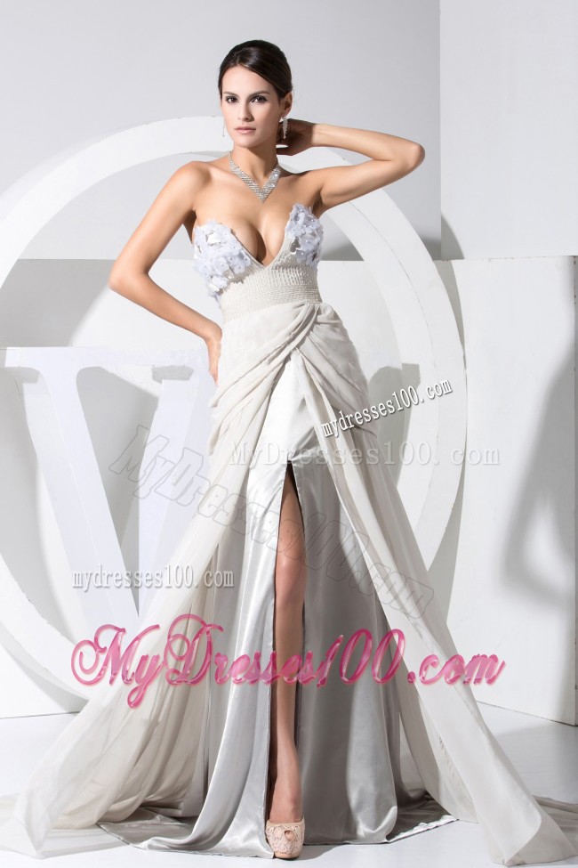 V-neck Ruched High Slit Hand Made Flowers Prom Dress with Beadings